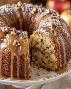 Close-up of a sliced gluten-free apple cake drizzled with caramel glaze and topped with pecans.