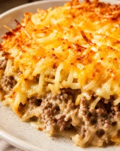 Cheesy and comforting hamburger hashbrown casserole topped with golden potatoes.