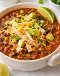 A bowl of flavorful taco soup topped with avocado, cheese, and lime wedges.