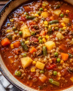 A bowl of hearty vegetable beef soup filled with ground beef, vegetables, and a rich broth.