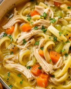 A close-up of homemade chicken noodle soup with vegetables and shredded chicken
