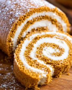 Close-up of a spiral pumpkin roll cake with cream cheese filling and powdered sugar