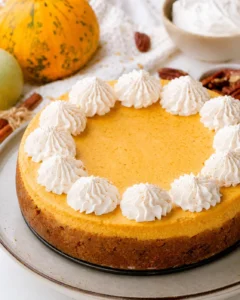 Creamy keto pumpkin cheesecake with a graham cracker-style nut crust and whipped topping.