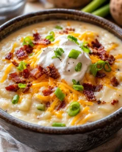 Creamy loaded baked potato soup topped with cheese, bacon, and green onions
