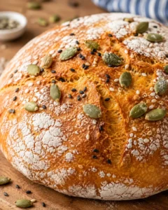 Golden, crusty pumpkin bread topped with seeds and powdered sugar, fresh from the oven.