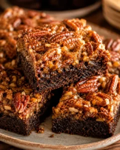 Close-up of decadent pecan pie brownies with nut topping on a plate
