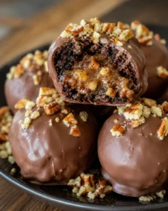 Close-up of chocolate-covered pecan pie brownie bombs with chopped nuts on top