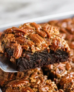 Fudgy chocolate brownie topped with a glossy, nutty pecan pie layer.