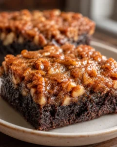 Close-up of rich chocolate brownies topped with pecan pie filling and nuts.