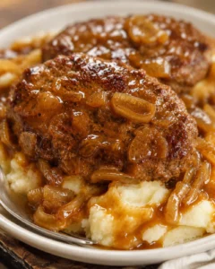 Close-up of Salisbury steak topped with caramelized onion gravy and mashed potatoes