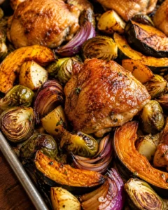 Roasted chicken thighs with caramelized vegetables on a single sheet pan.