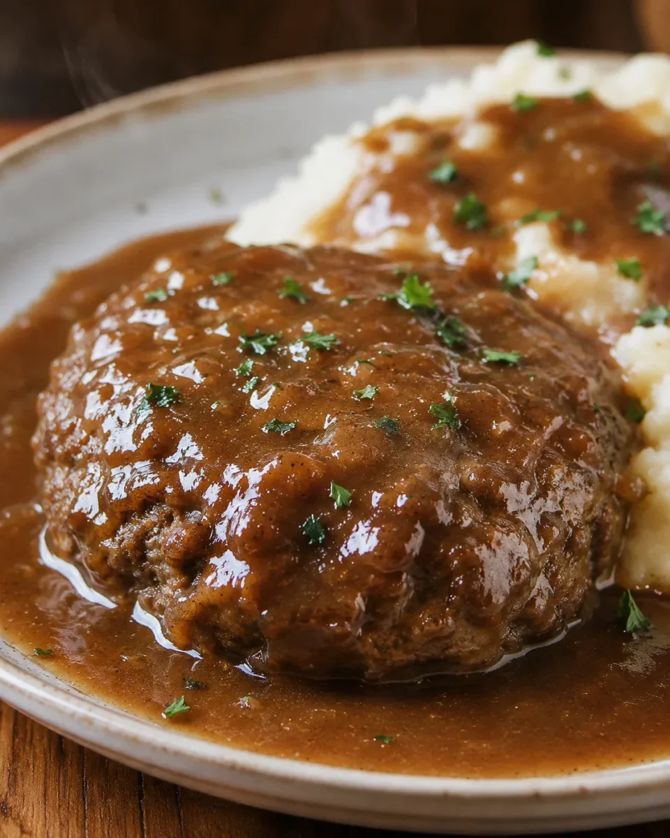 Close-up of Salisbury steak with gravy served with mashed potatoes and vegetables