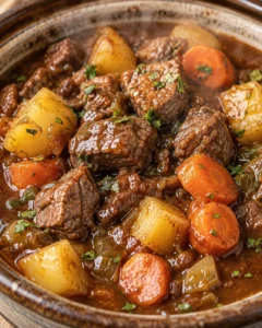 Hearty slow cooker beef stew with tender beef, potatoes, carrots, and savory broth