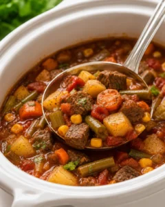 Close-up of a beef and vegetable stew in a white pot with a ladle