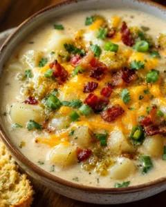 Creamy loaded baked potato soup with bacon, cheddar, and green onions in a bowl