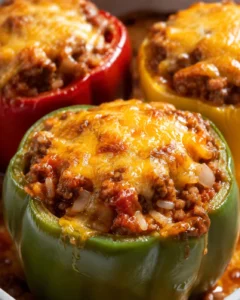 Colorful bell peppers filled with cheesy, savory meat and rice mixture.