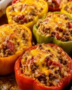 Colorful bell peppers filled with seasoned ground beef, rice, and melted cheese.