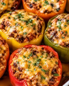 Colorful stuffed bell peppers topped with melted cheese and garnished with herbs