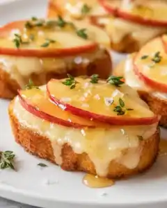 Close-up of an Apple and Cheddar crostini showing melted cheese, apple slices, sea salt flakes and thyme