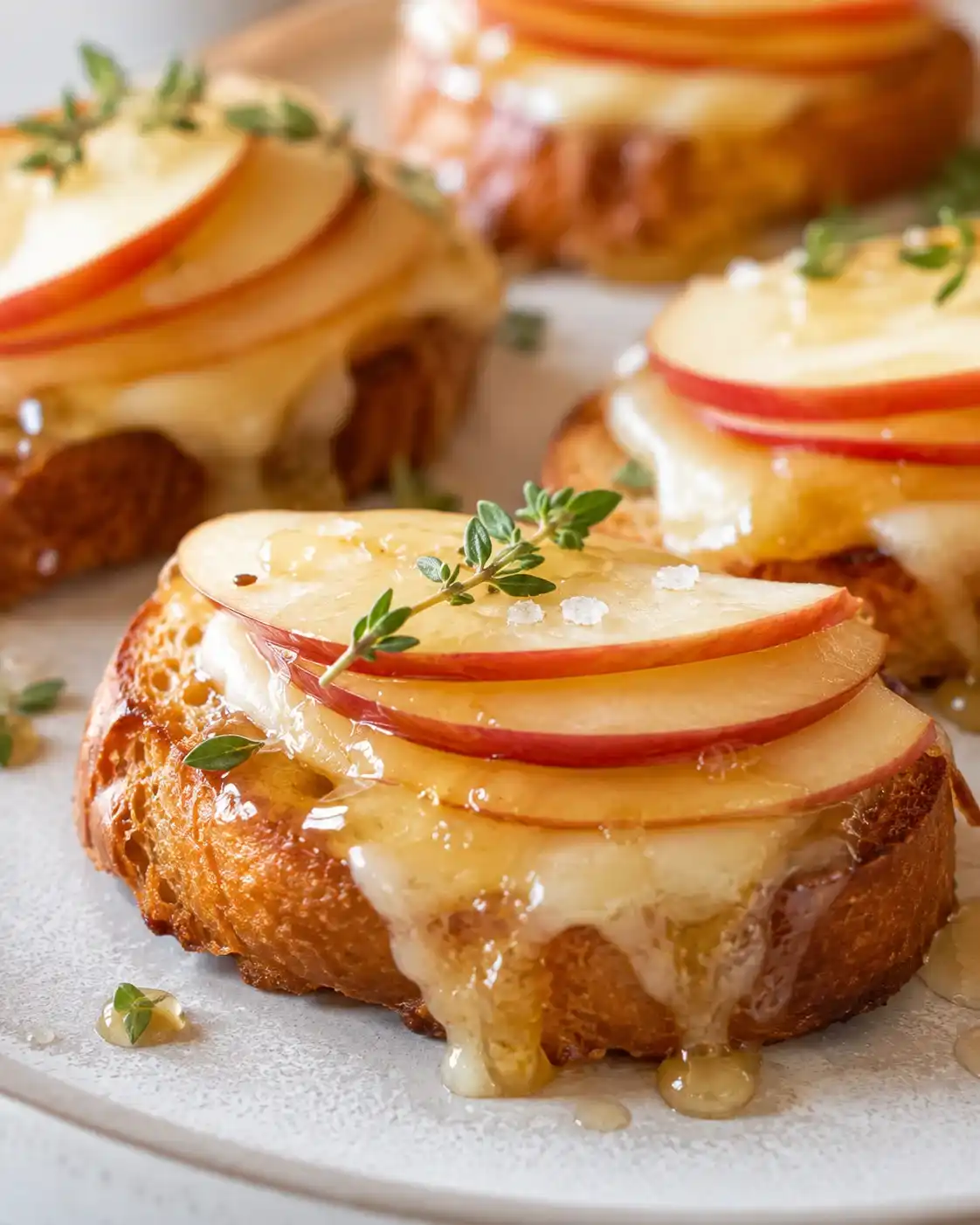 Plated apple and cheddar crostini with melted cheese, thin apple slices, honey and thyme