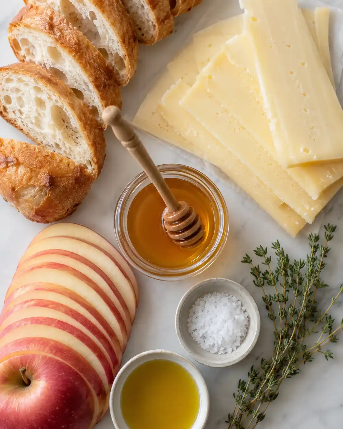 Top-down ingredients for Apple and Cheddar crostini including sliced apple, cheese, baguette, honey, olive oil, salt and thyme