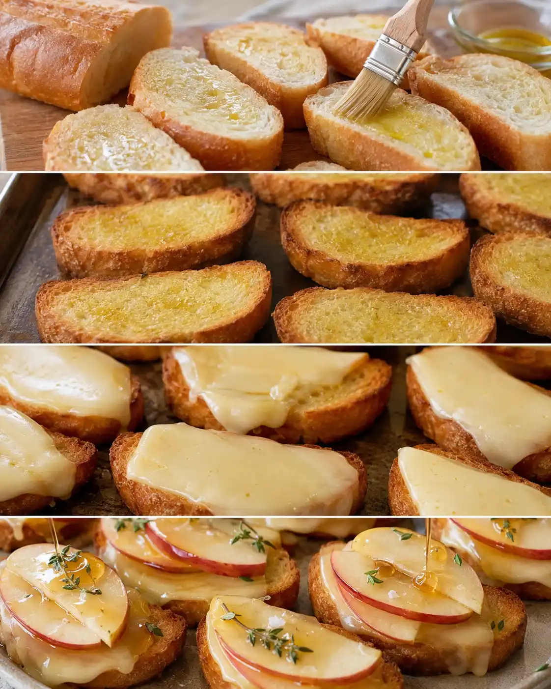 Four-panel process images showing brushing baguette with oil, toasted crostini, melted cheese and final assembly with apple and honey