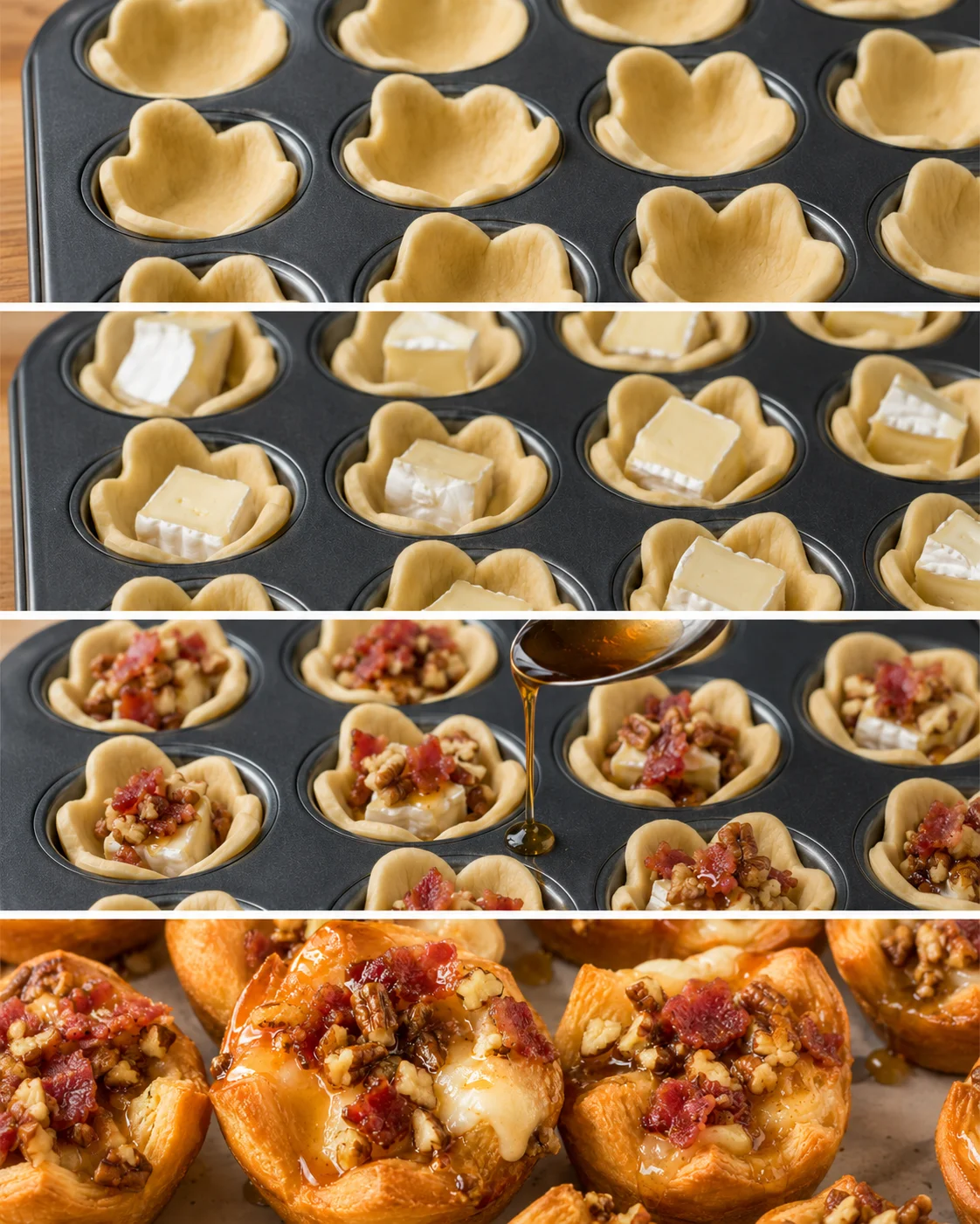 Multi-panel sequence showing dough pressed into a mini muffin tin, brie pieces added, bacon-pecan topping and syrup being spooned over the assembled bites