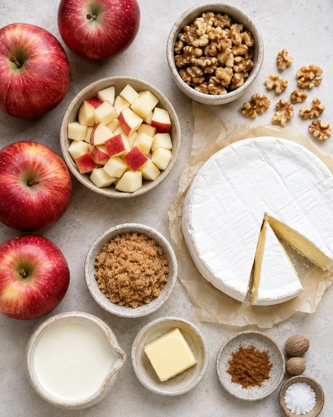 Top-down arrangement of apples, diced apples in a bowl, walnuts, brie, brown sugar, butter, cream and spices.