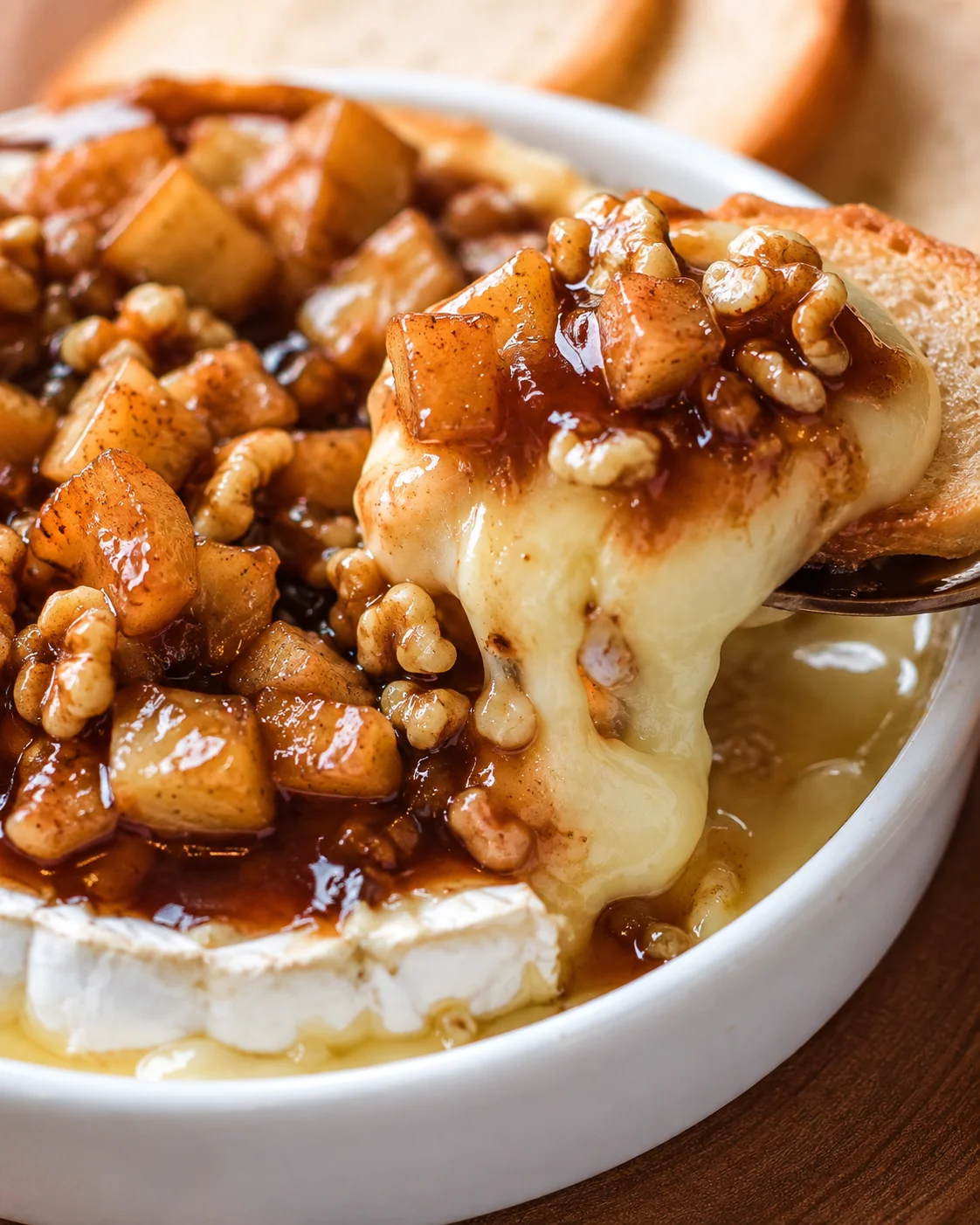 Baked brie topped with cinnamon-spiced apples and walnuts with a slice being lifted to show gooey melted cheese.