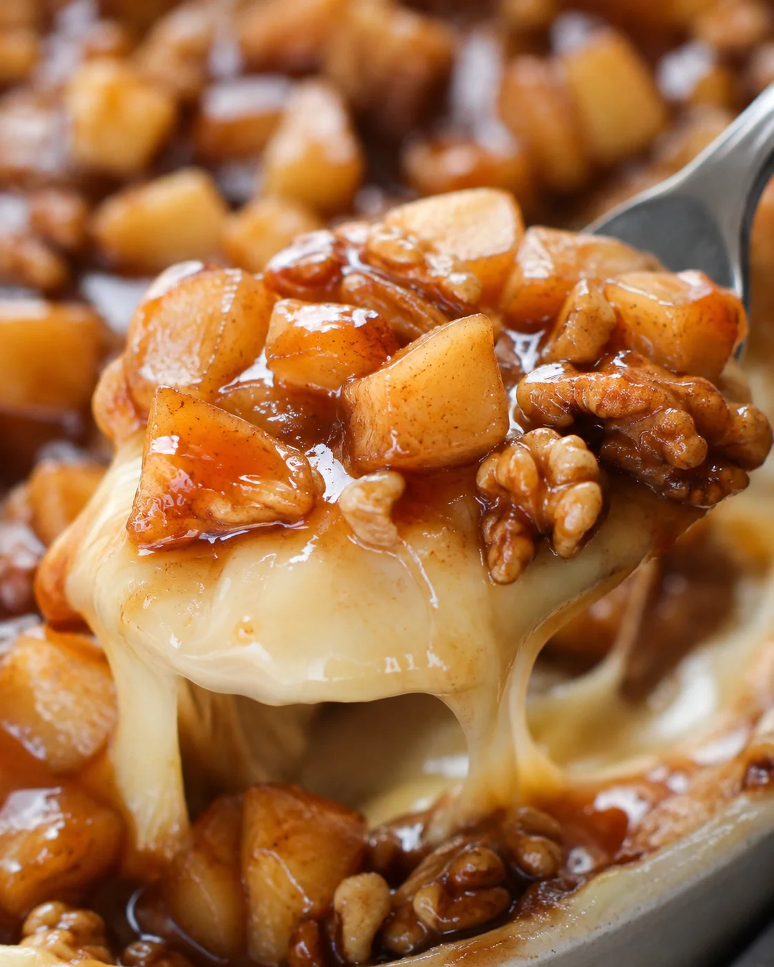 Spoonful of melted brie topped with glazed diced apples and walnuts, showing cheese stretch.