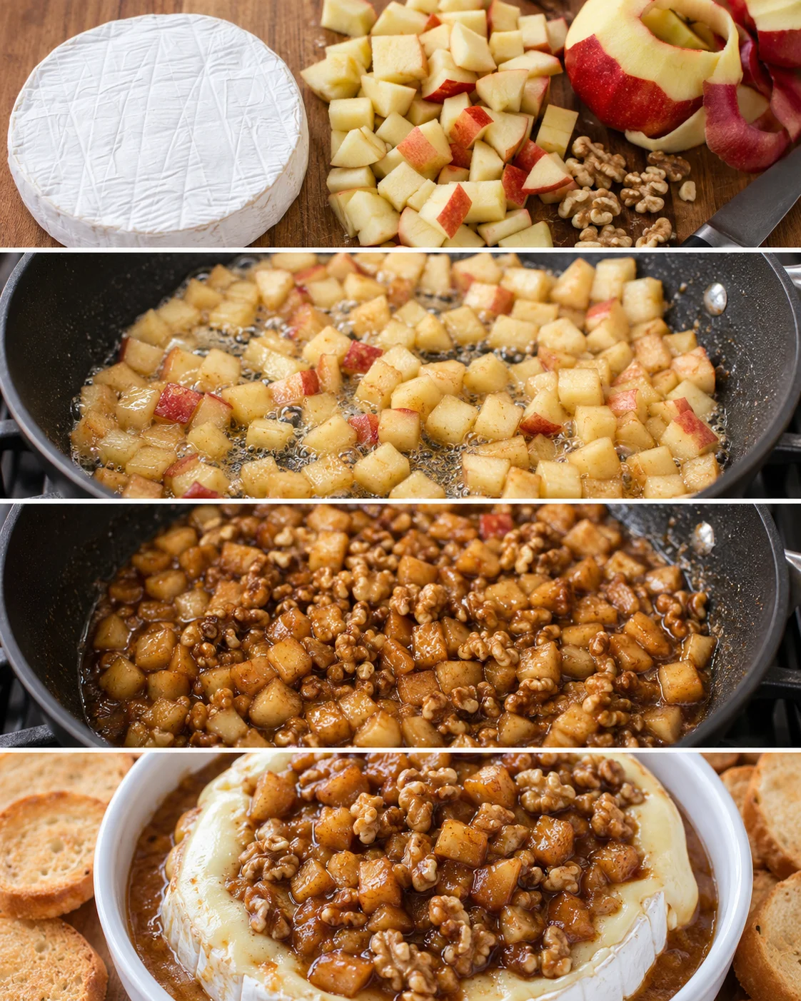 Four-panel collage showing prep and cooking steps: brie and diced apples, apples sautéing, apple–walnut mixture simmering, and assembled baked brie with topping