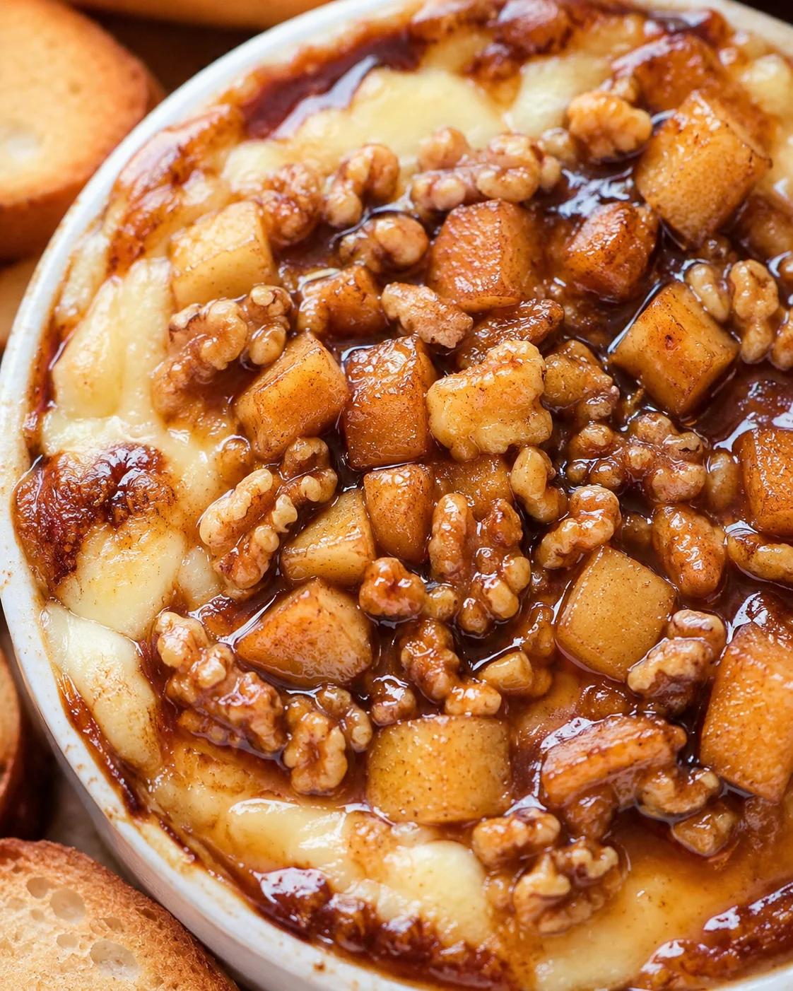 Top-down close-up of baked brie topped with caramelized apple cubes and walnuts in a baking dish.