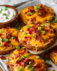 Side view of baked potato slices with gooey cheese and bacon, one being lifted on a spatula beside sour cream