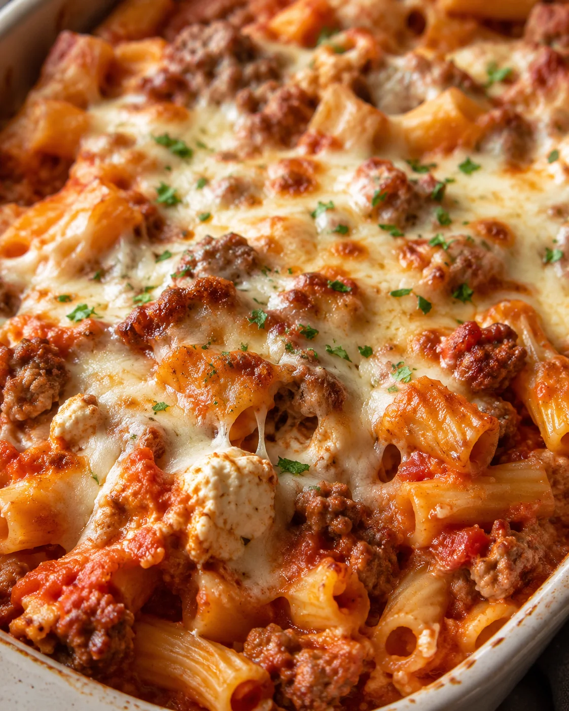 Baked ziti with sausage in a casserole dish topped with melted cheese and parsley