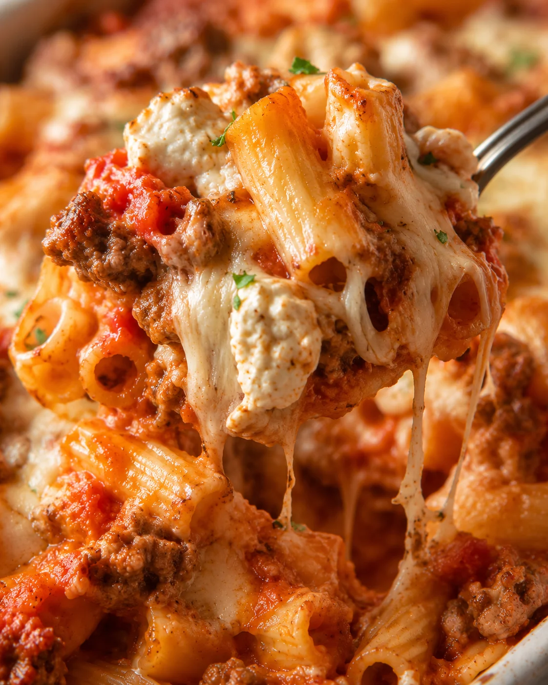 Fork lifting a cheesy forkful of baked ziti with sausage and ricotta