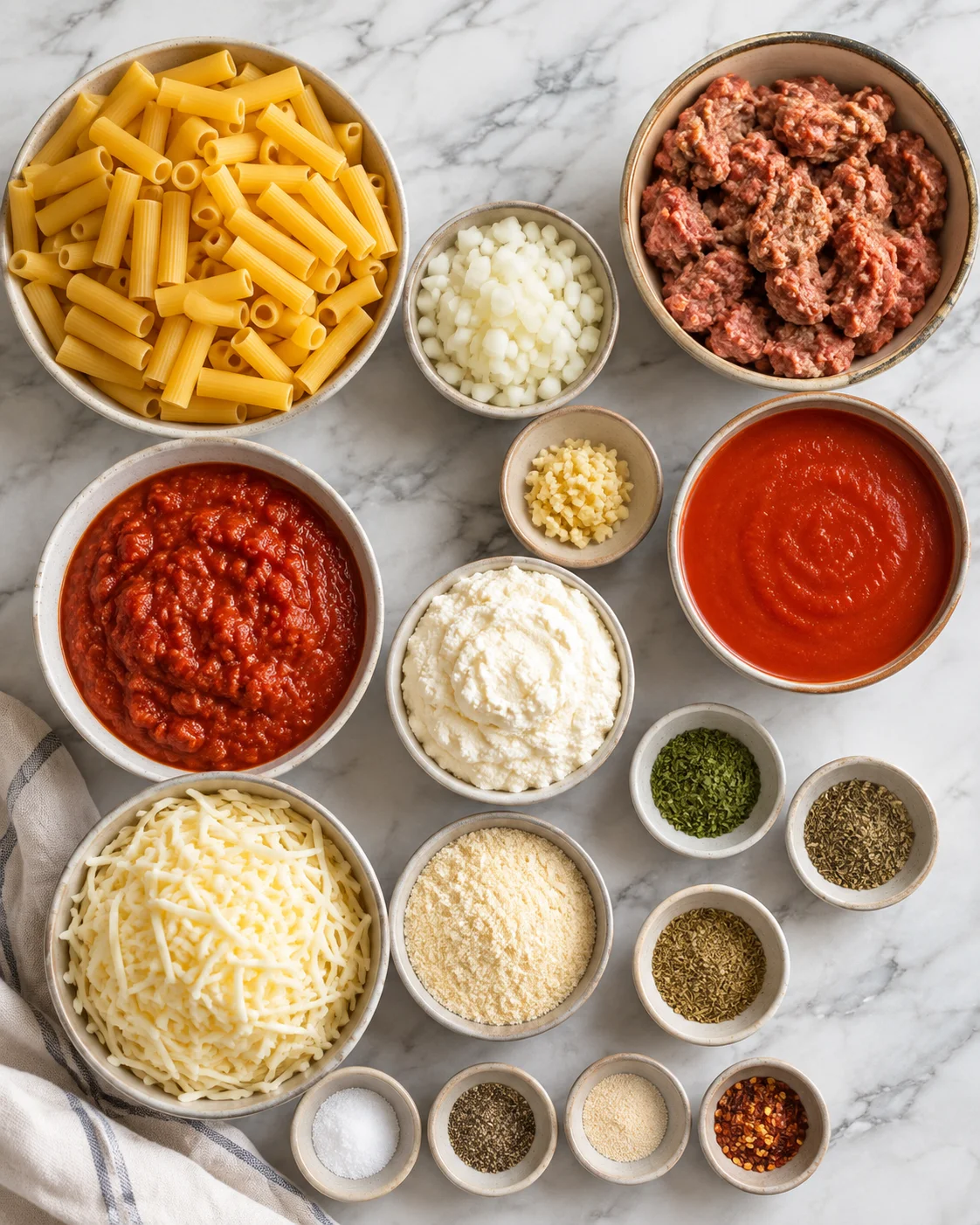 Top-down view of ingredients for baked ziti with sausage including pasta, sausage, ricotta, shredded mozzarella, sauces and seasonings