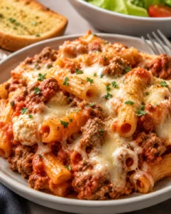 Plated serving of baked ziti with sausage with garlic toast and a salad in the background