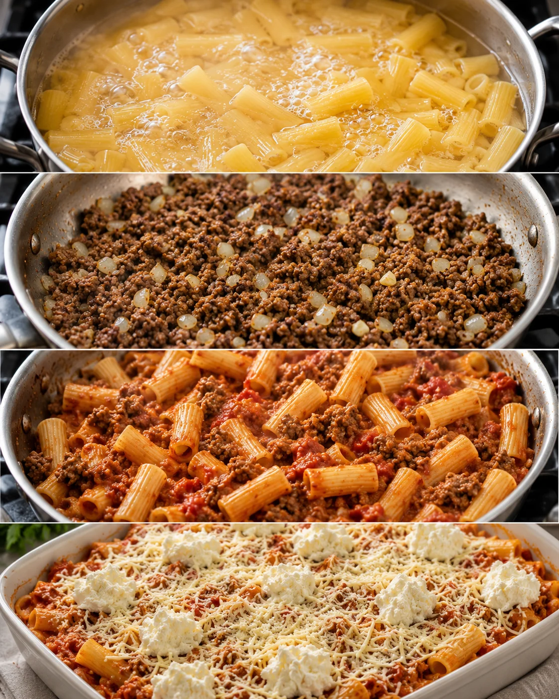 Four-panel sequence showing boiling pasta, browning sausage and onion, combining pasta with sauce, and an assembled casserole topped with ricotta and cheese
