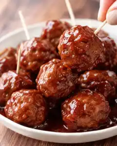 Bowl of crock pot BBQ meatballs with a toothpick lifting one meatball
