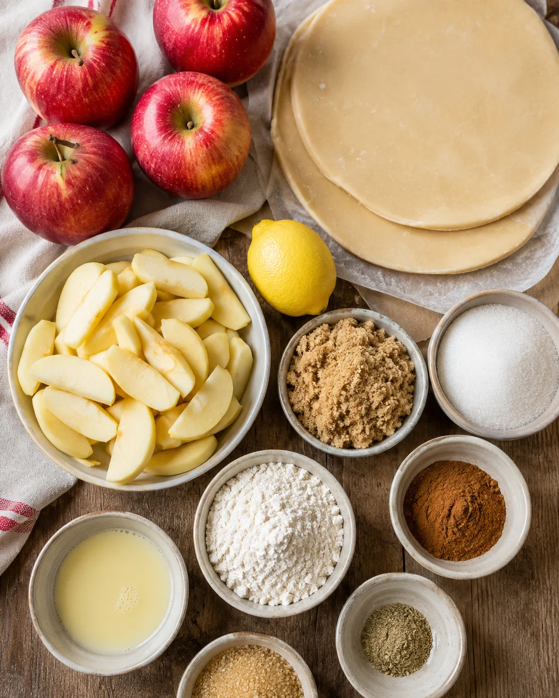 Top-down arrangement of apples, pie dough, spices and other apple pie ingredients