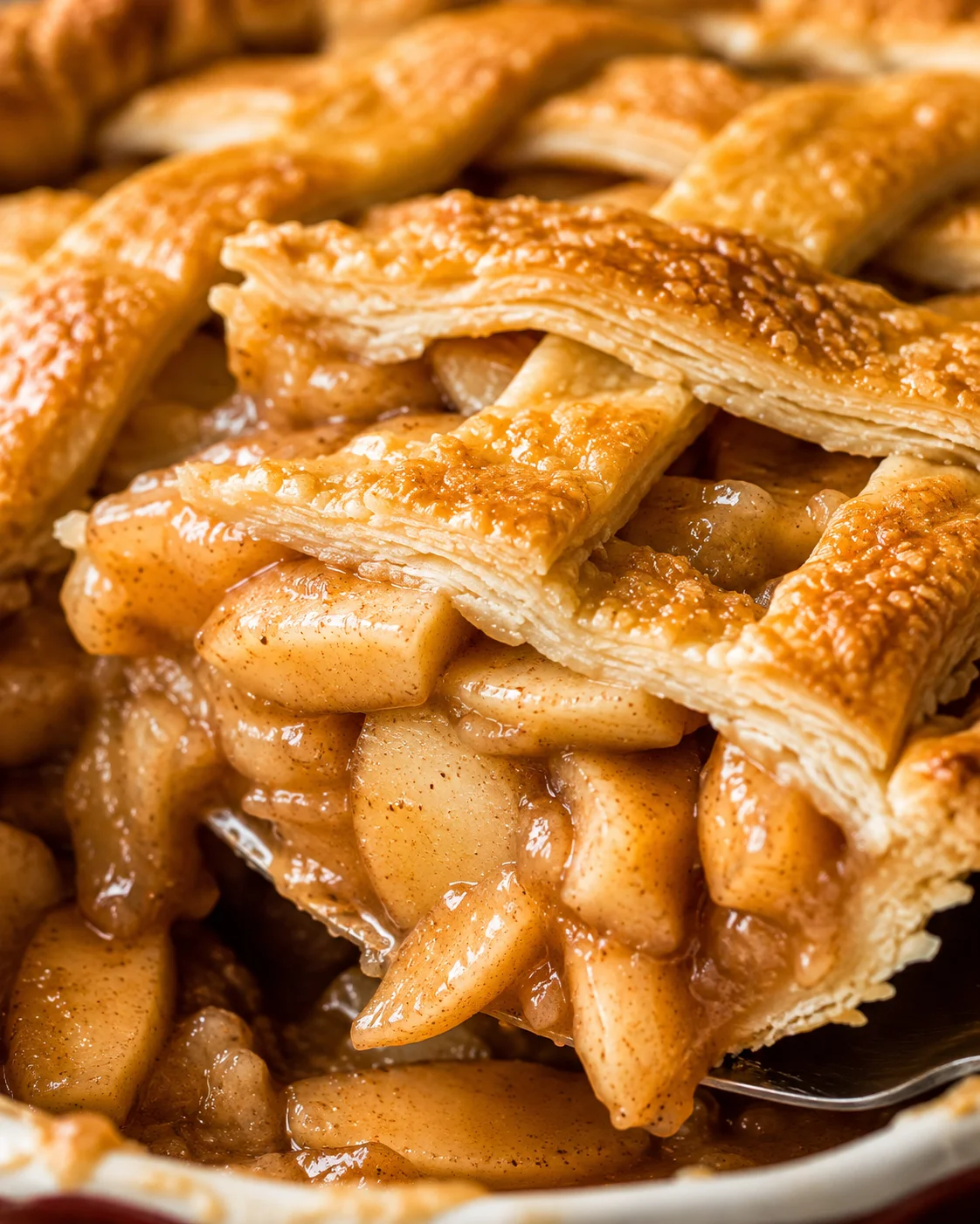 Close detail of apple pie filling and flaky layered crust