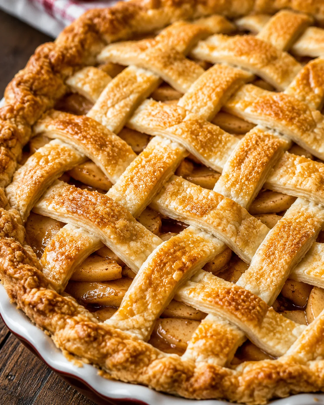 Close-up of a lattice-topped apple pie with golden flaky crust