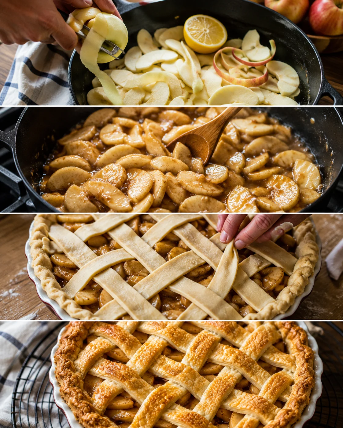 Collage of apple pie prep steps: peeling, cooking filling, weaving lattice and finished pie