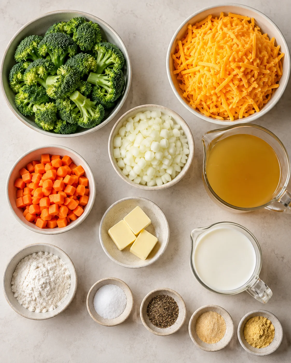 Top-down view of ingredients for broccoli cheddar soup: broccoli, shredded cheddar, diced onion, carrots, butter, flour, milk, broth, and spices