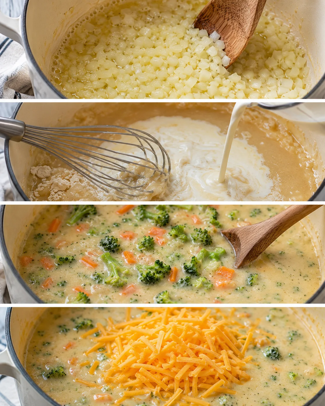Four-panel sequence showing sautéed onions, whisking cream into a roux, simmering broccoli and carrots, and cheese being added