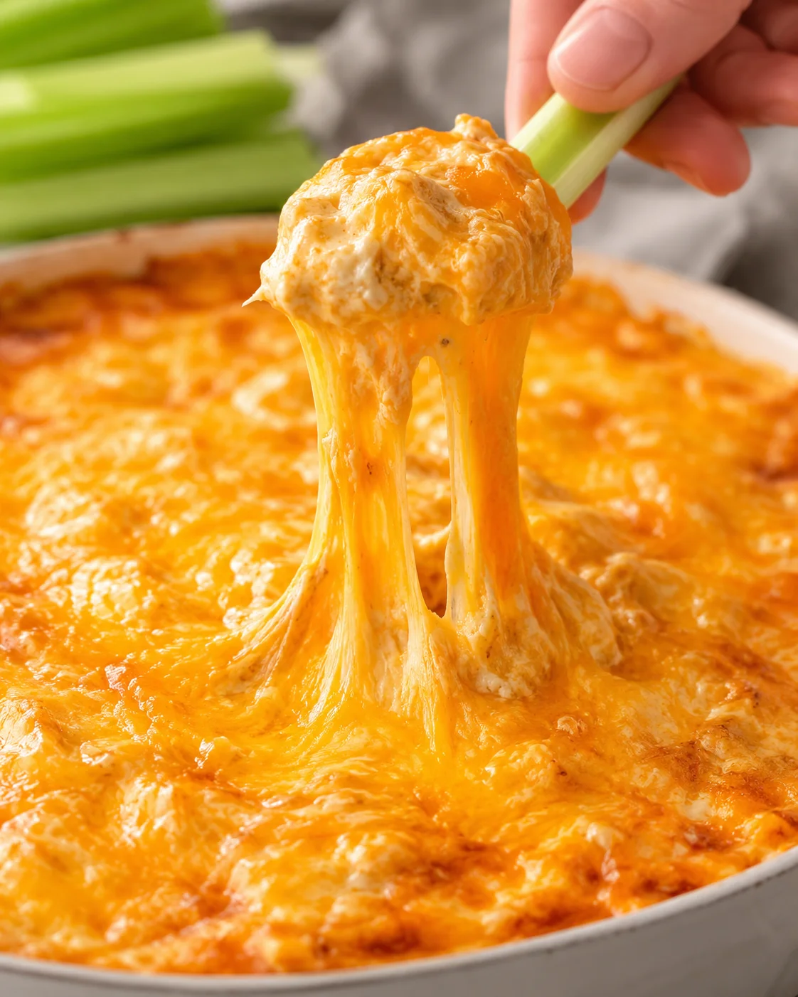 Buffalo chicken dip with a large melted-cheese pull from a celery stick