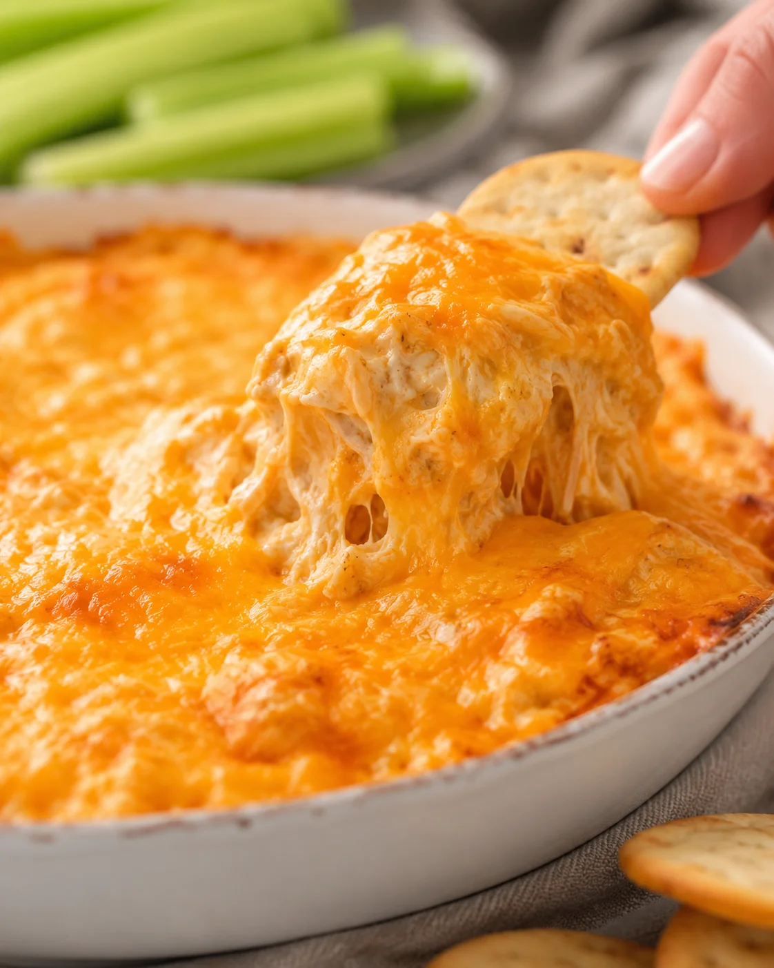 Spoonful of Buffalo chicken dip piled on a cracker with a baking dish of melted cheese behind