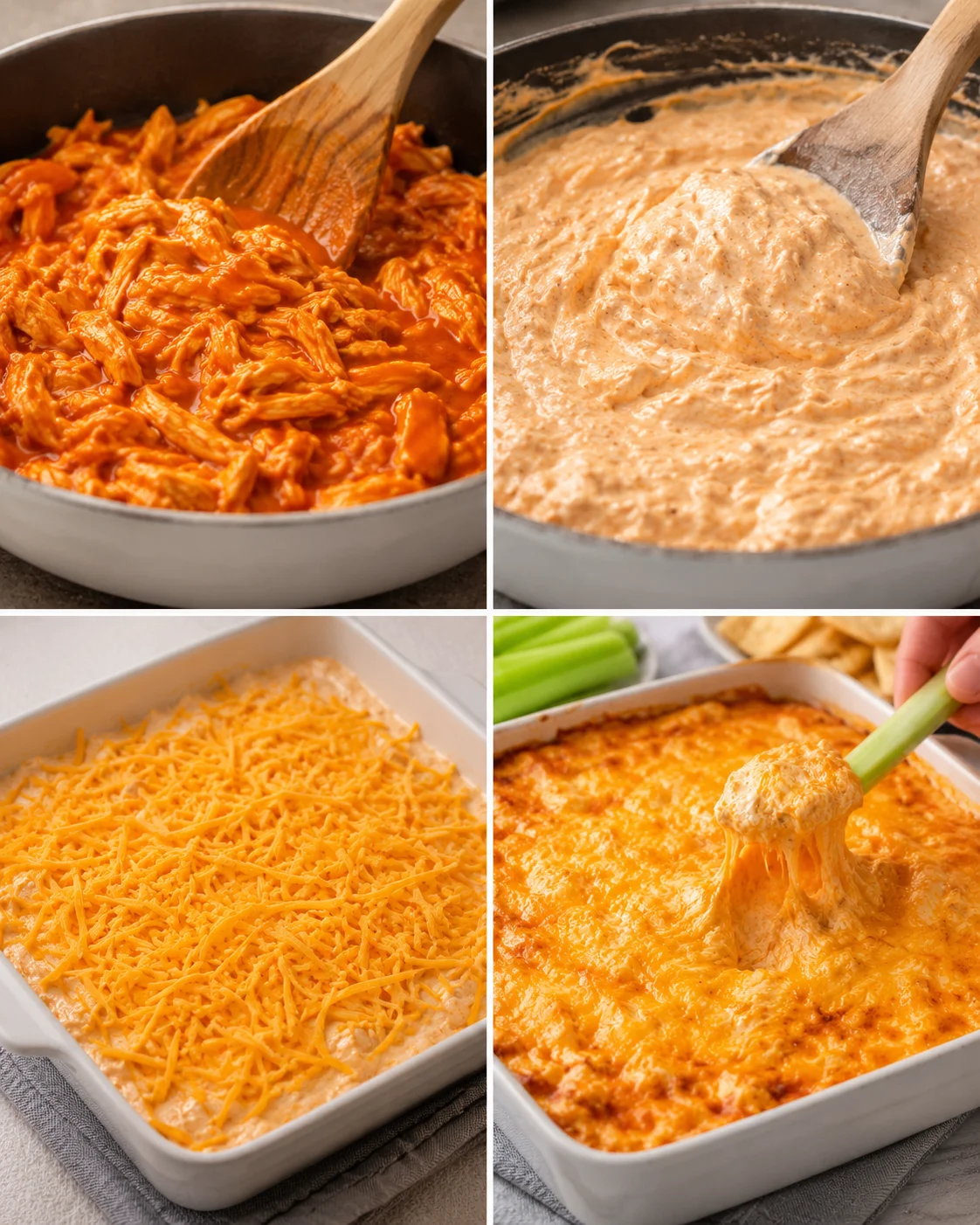 Four-panel collage showing tossing chicken in buffalo sauce, stirring in cream cheese and ranch, topping with cheddar, and baked dip