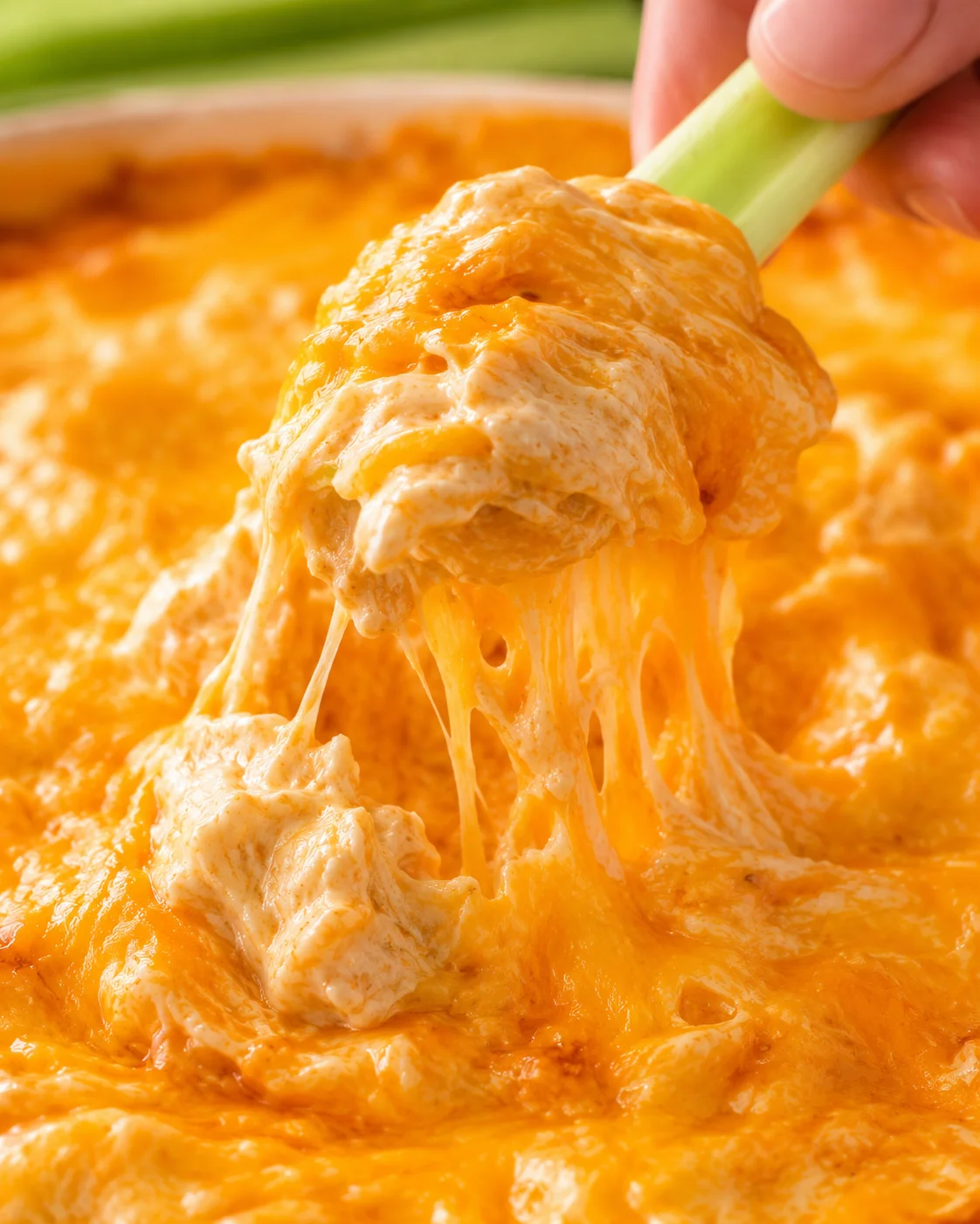 Detailed view of Buffalo chicken dip texture as a celery stick lifts a cheesy scoop