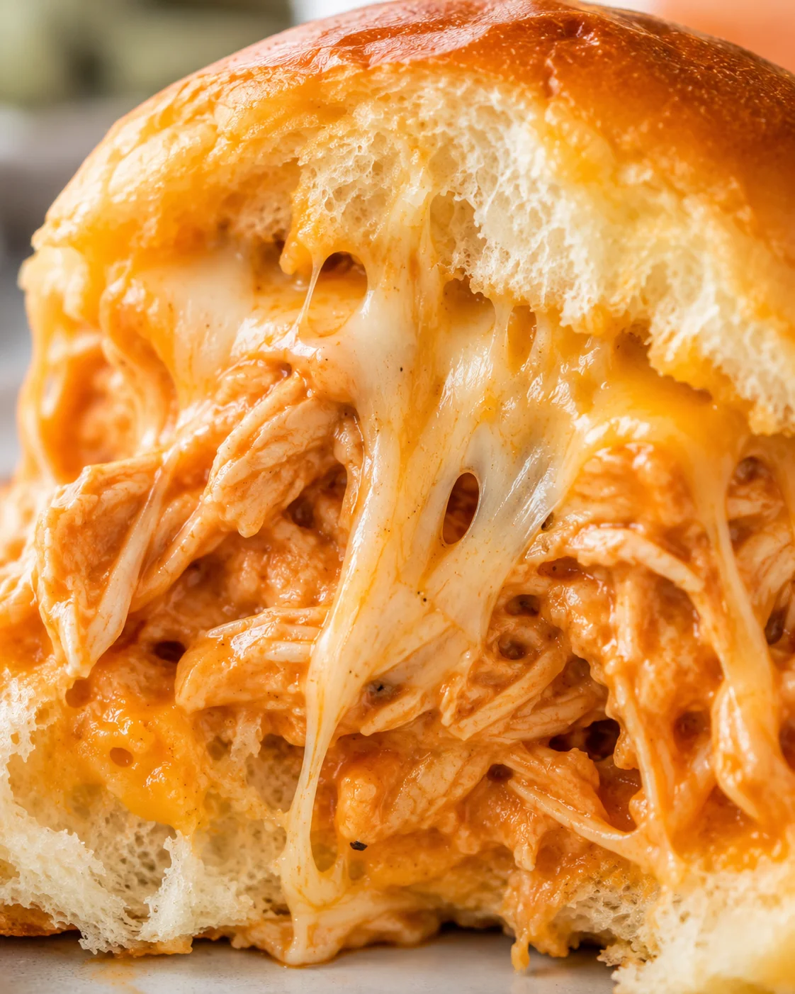 Close-up of buffalo chicken slider interior with mozzarella stretching from shredded buffalo chicken